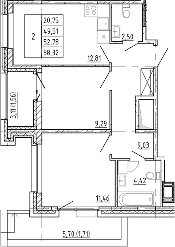 2-комнатная квартира 49.51 м², 11/12 эт., ЖК «Полис Новоселье»